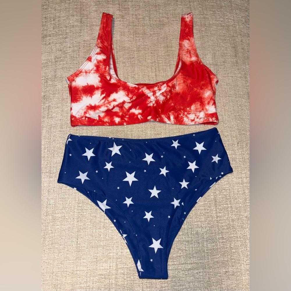 Sporty Patriotic Bikini Set Red Tie Dye Top Star High Waisted Bottom Medium USA